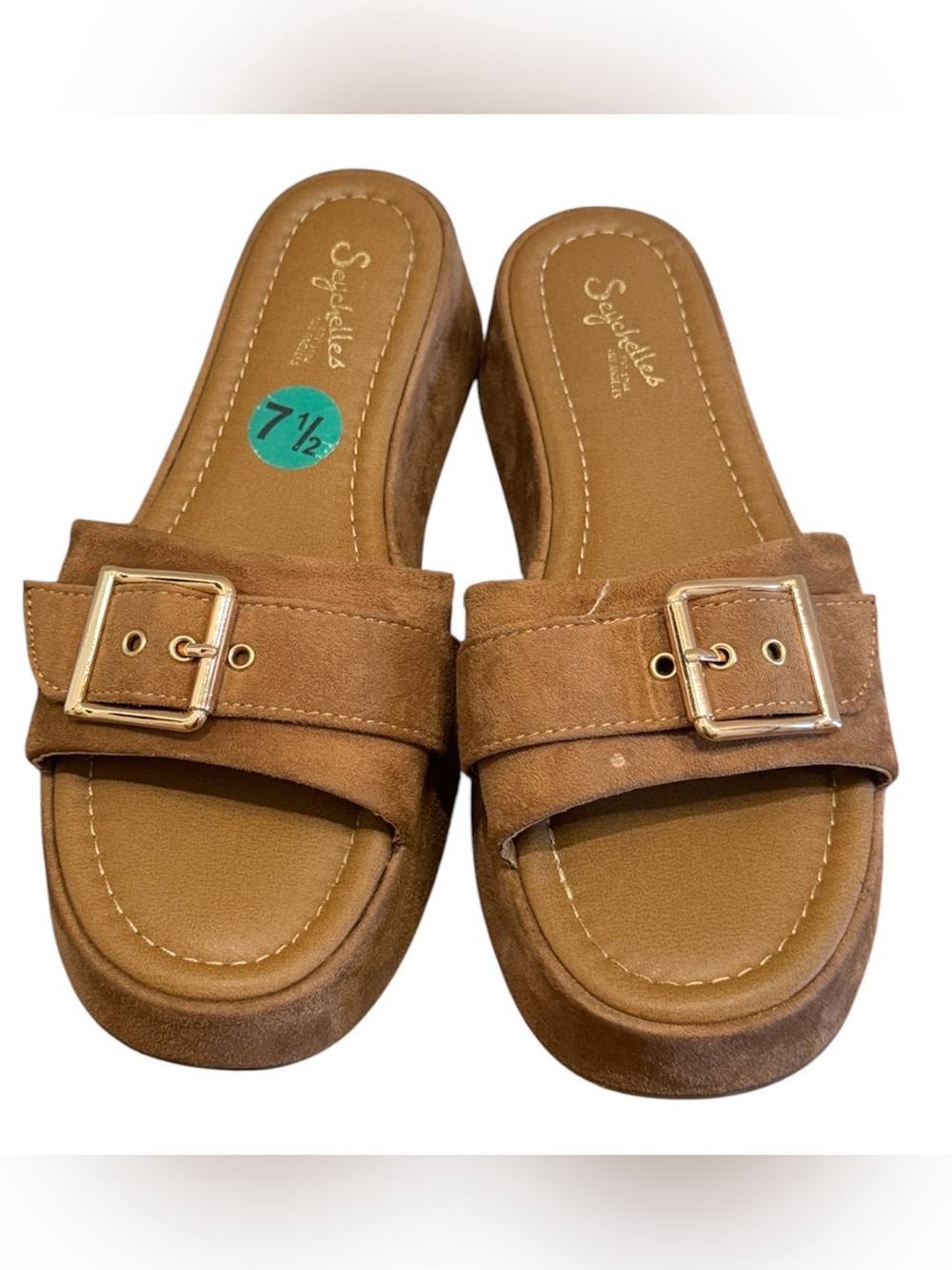 Seychelles Brown Platform Slide Sandals Orig $99 Buckle Wedge Size 7.5